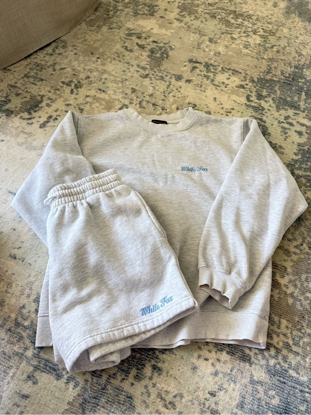 White Fox Boutique Light Gray Crewneck Sweatshirt & Shorts Set with Blue Logo